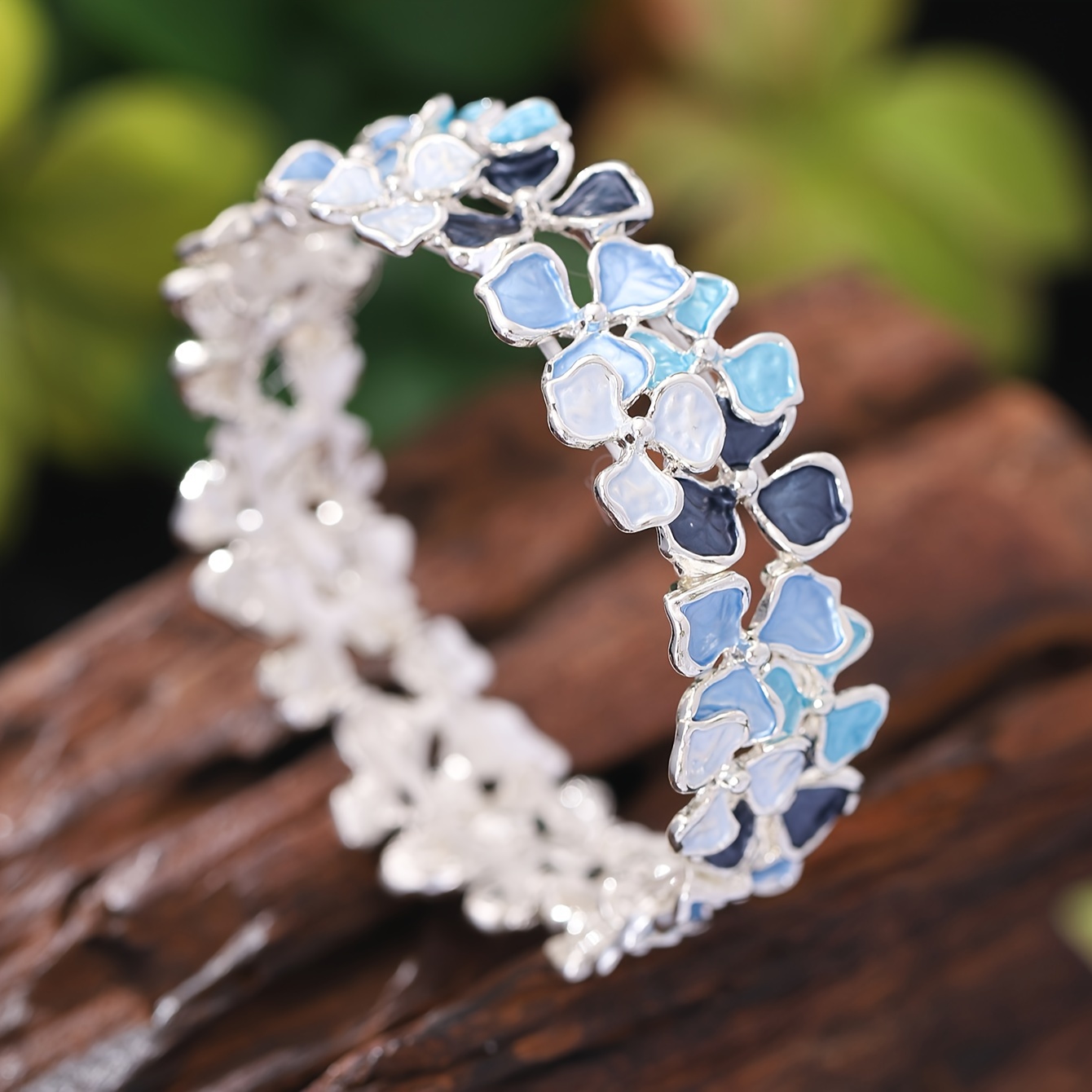 Elegant Hydrangea Enamel Flower Open Bangle, Adjustable